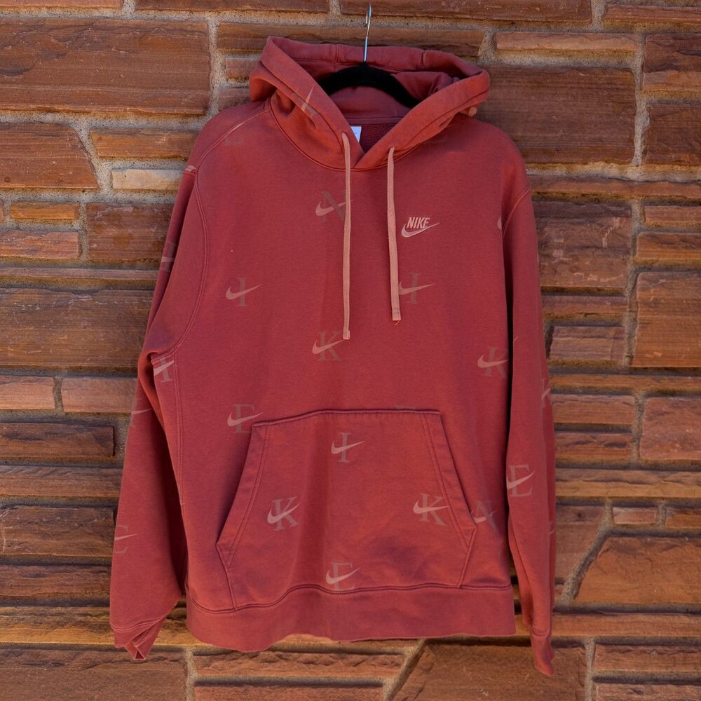 Nike Men Hoodie L Pink Swoosh Embroidery Graphic Allover Print Fleece Pullover